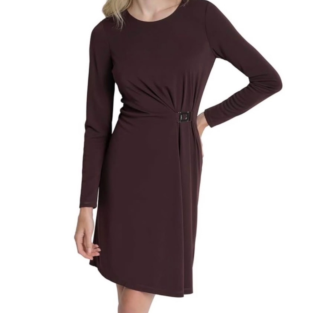 DKNY Women's Long Sleeve Jewel Neck Knee Length Logo D Hardware Midi Dress